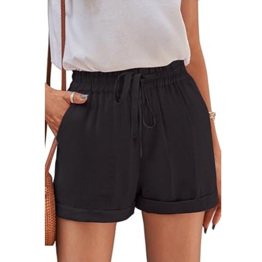 Casual Baggy Elastic Waist Drawstring Comfy Shorts Black.